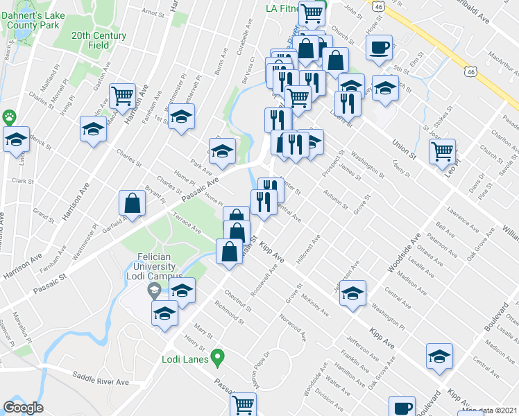 map of restaurants, bars, coffee shops, grocery stores, and more near 44 South Main Street in Lodi
