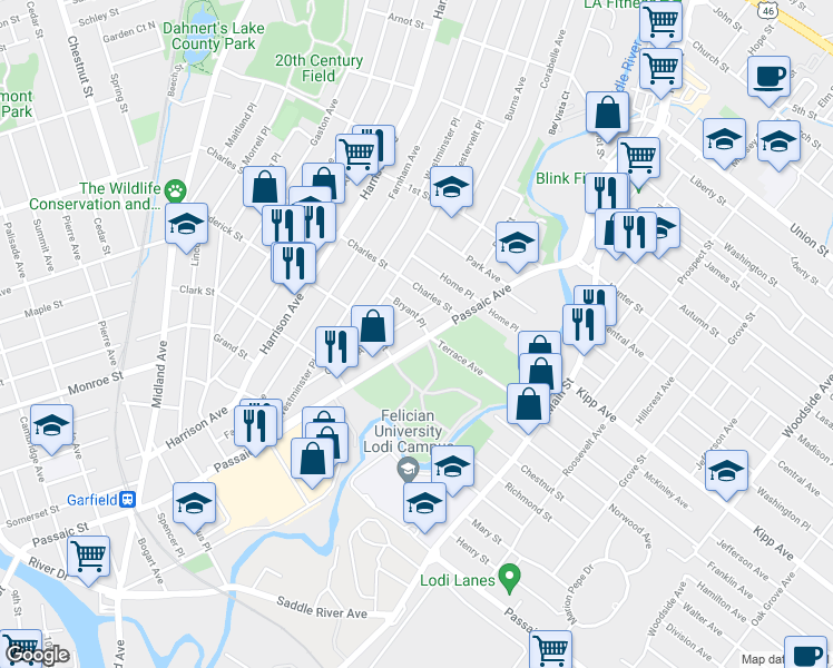 map of restaurants, bars, coffee shops, grocery stores, and more near 122 Garfield Avenue in Lodi