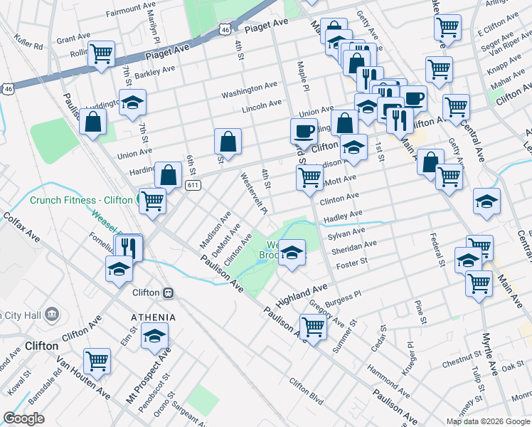 map of restaurants, bars, coffee shops, grocery stores, and more near 221 DeMott Avenue in Clifton
