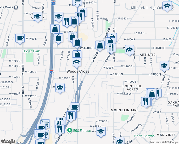 map of restaurants, bars, coffee shops, grocery stores, and more near 1852 South 400 West in Bountiful