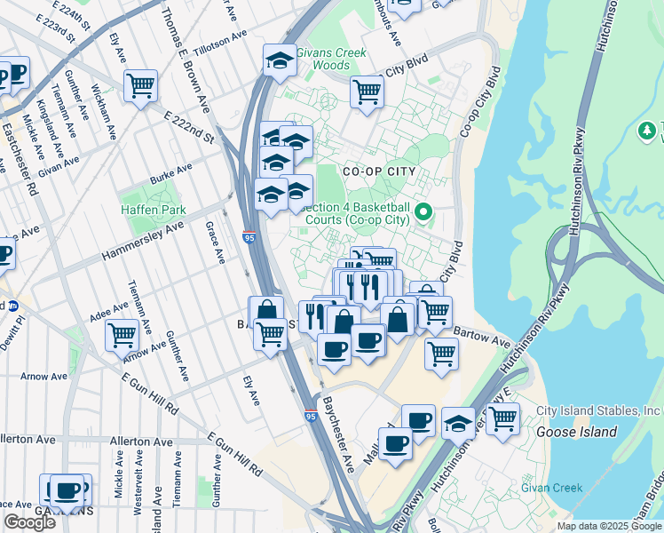 map of restaurants, bars, coffee shops, grocery stores, and more near 140 Alcott Place in Bronx
