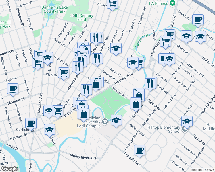 map of restaurants, bars, coffee shops, grocery stores, and more near 122 Garfield Avenue in Lodi