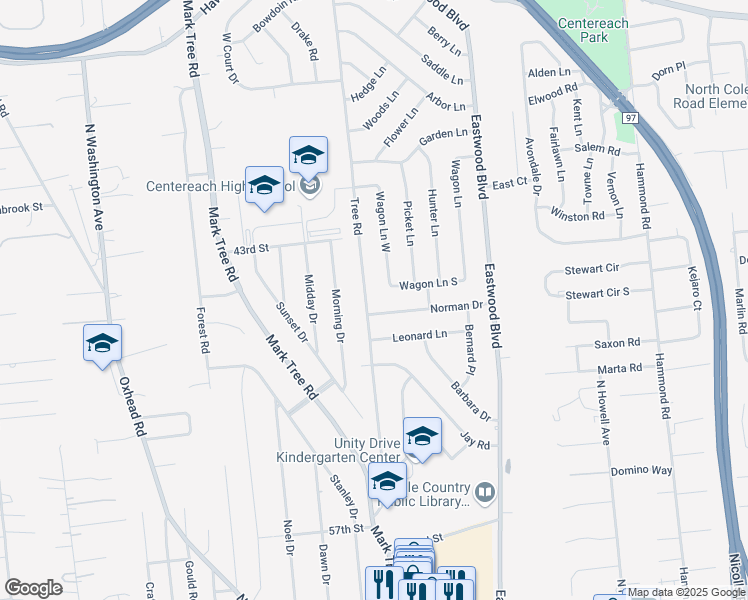 map of restaurants, bars, coffee shops, grocery stores, and more near 121 Tree Road in Centereach