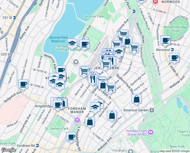 map of restaurants, bars, coffee shops, grocery stores, and more near 2885 Jerome Avenue in Bronx
