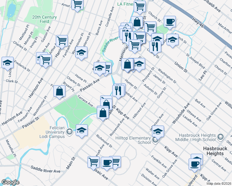 map of restaurants, bars, coffee shops, grocery stores, and more near 60 South Main Street in Lodi
