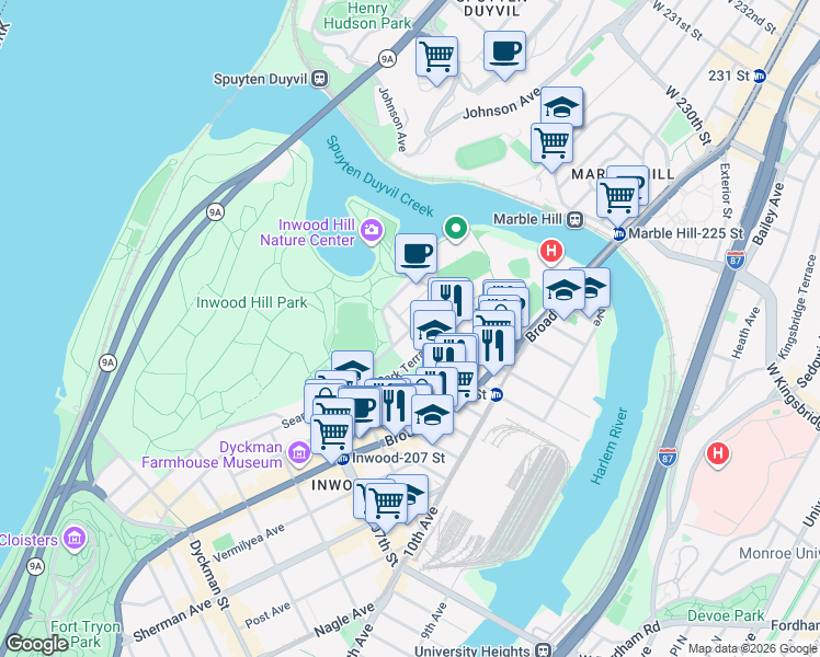 map of restaurants, bars, coffee shops, grocery stores, and more near Seaman Avenue & West 215th Street in New York