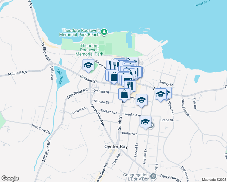 map of restaurants, bars, coffee shops, grocery stores, and more near 42 Orchard Street in Oyster Bay