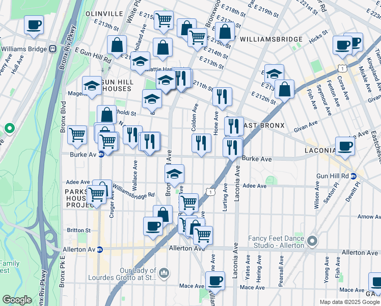map of restaurants, bars, coffee shops, grocery stores, and more near 3216 Radcliff Avenue in Bronx