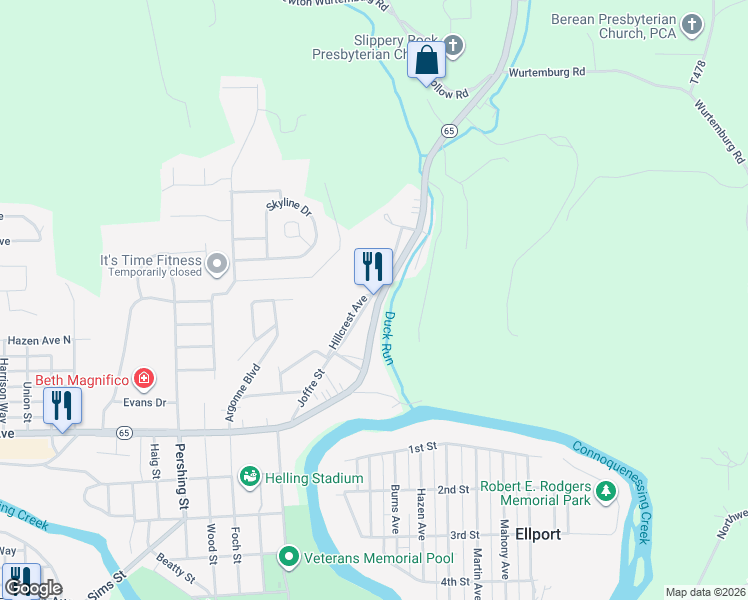 map of restaurants, bars, coffee shops, grocery stores, and more near 1044 Woodside Avenue in Ellwood City