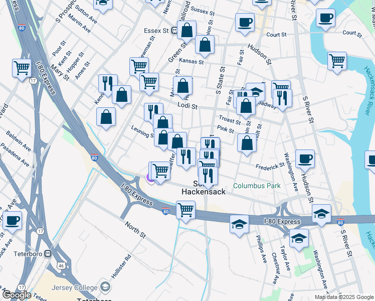 map of restaurants, bars, coffee shops, grocery stores, and more near 37 Leuning Street in South Hackensack