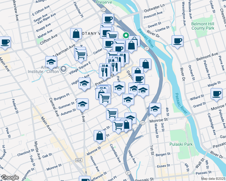 map of restaurants, bars, coffee shops, grocery stores, and more near 14 Van Winkle Avenue in Passaic