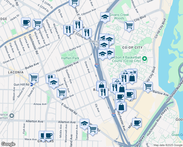 map of restaurants, bars, coffee shops, grocery stores, and more near 3009 Grace Avenue in Bronx