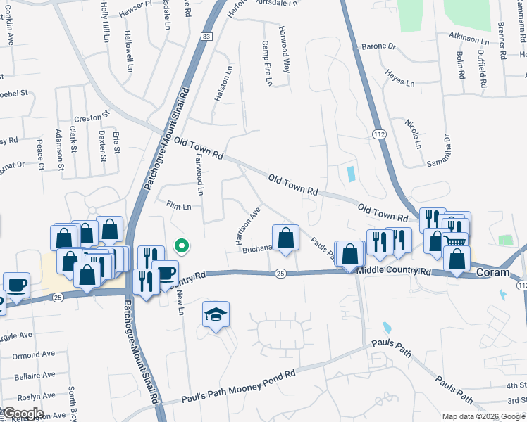 map of restaurants, bars, coffee shops, grocery stores, and more near 144 Pauls Path in Coram