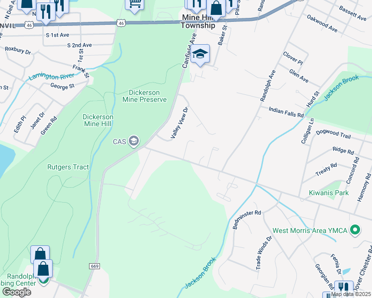 map of restaurants, bars, coffee shops, grocery stores, and more near 9 Xenia Court in Mine Hill Township