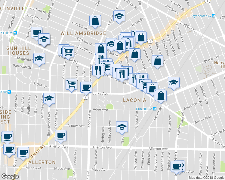 map of restaurants, bars, coffee shops, grocery stores, and more near 3210 Tenbroeck Avenue in Bronx