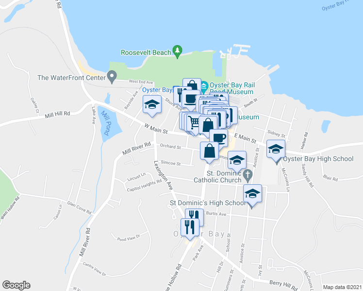 map of restaurants, bars, coffee shops, grocery stores, and more near 64 Orchard Street in Oyster Bay