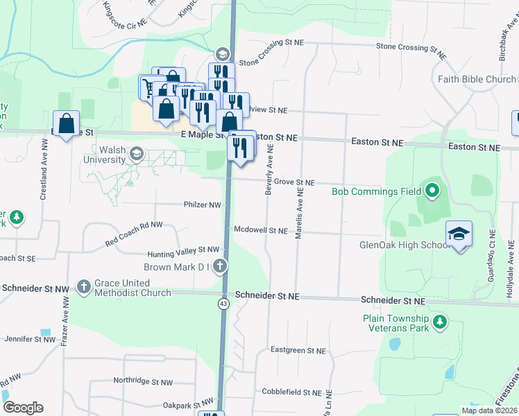 map of restaurants, bars, coffee shops, grocery stores, and more near 904 Grove Street Northeast in North Canton