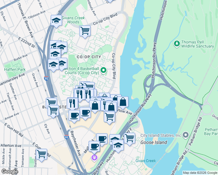 map of restaurants, bars, coffee shops, grocery stores, and more near 120 Co Op City Boulevard in The Bronx
