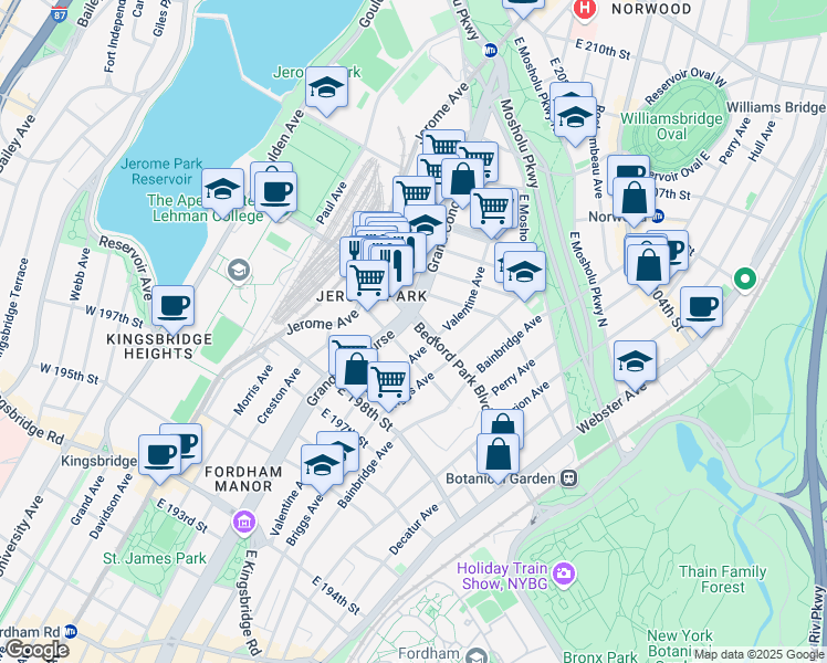 map of restaurants, bars, coffee shops, grocery stores, and more near 211 Bedford Park Boulevard in Bronx
