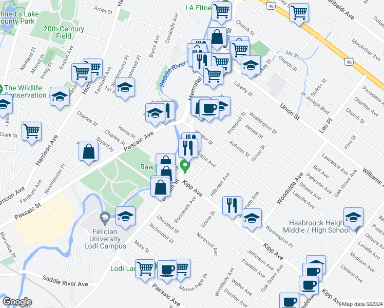 map of restaurants, bars, coffee shops, grocery stores, and more near 44 South Main Street in Lodi