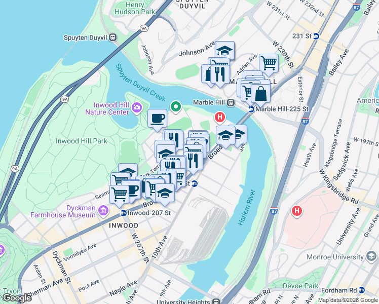 map of restaurants, bars, coffee shops, grocery stores, and more near 533 West 218th Street in New York
