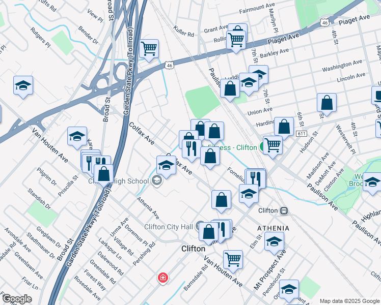 map of restaurants, bars, coffee shops, grocery stores, and more near 314 Colfax Avenue in Clifton