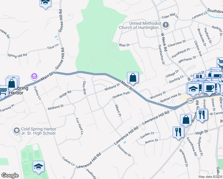 map of restaurants, bars, coffee shops, grocery stores, and more near 29 Midland Street in Cold Spring Harbor