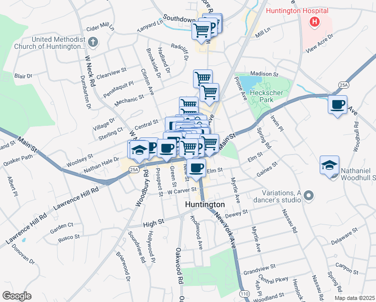 map of restaurants, bars, coffee shops, grocery stores, and more near 311 New York Avenue in Huntington