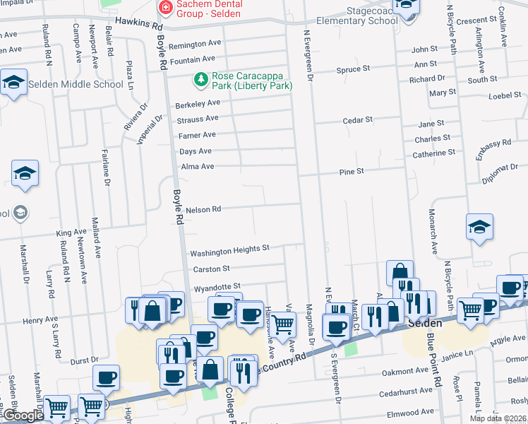 map of restaurants, bars, coffee shops, grocery stores, and more near 35 Nelson Road in Selden