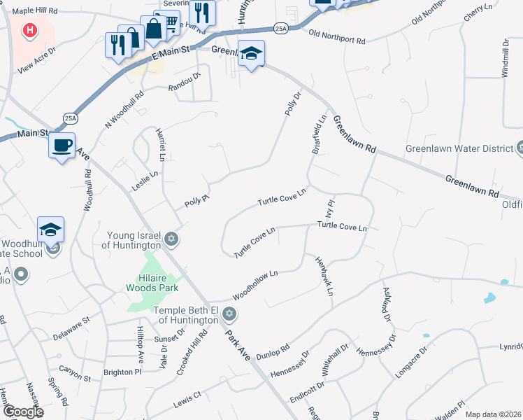 map of restaurants, bars, coffee shops, grocery stores, and more near 110 Turtle Cove Lane in Huntington