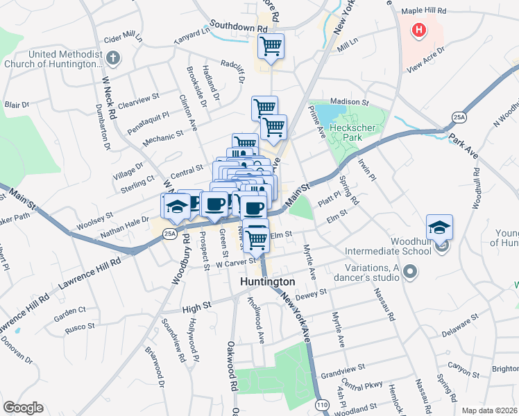 map of restaurants, bars, coffee shops, grocery stores, and more near 311 New York Avenue in Huntington