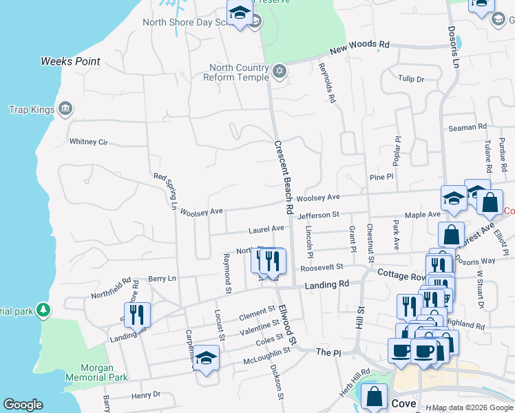map of restaurants, bars, coffee shops, grocery stores, and more near 126 Woolsey Avenue in Glen Cove