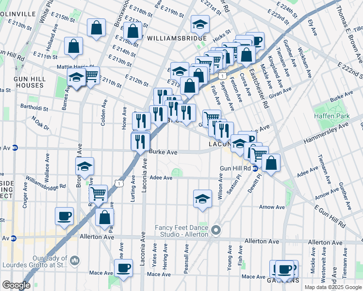 map of restaurants, bars, coffee shops, grocery stores, and more near 3228 Tenbroeck Avenue in Bronx