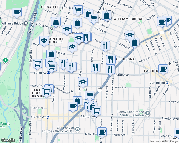 map of restaurants, bars, coffee shops, grocery stores, and more near 3216 Radcliff Avenue in Bronx