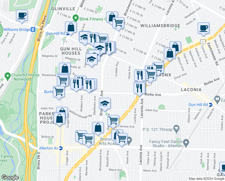 map of restaurants, bars, coffee shops, grocery stores, and more near 3216 Radcliff Avenue in Bronx