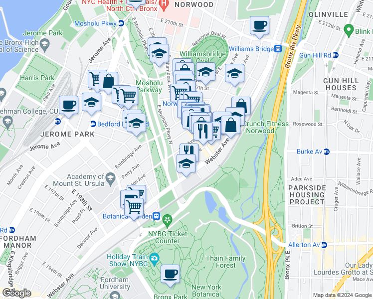 map of restaurants, bars, coffee shops, grocery stores, and more near 3061 Hull Avenue in Bronx