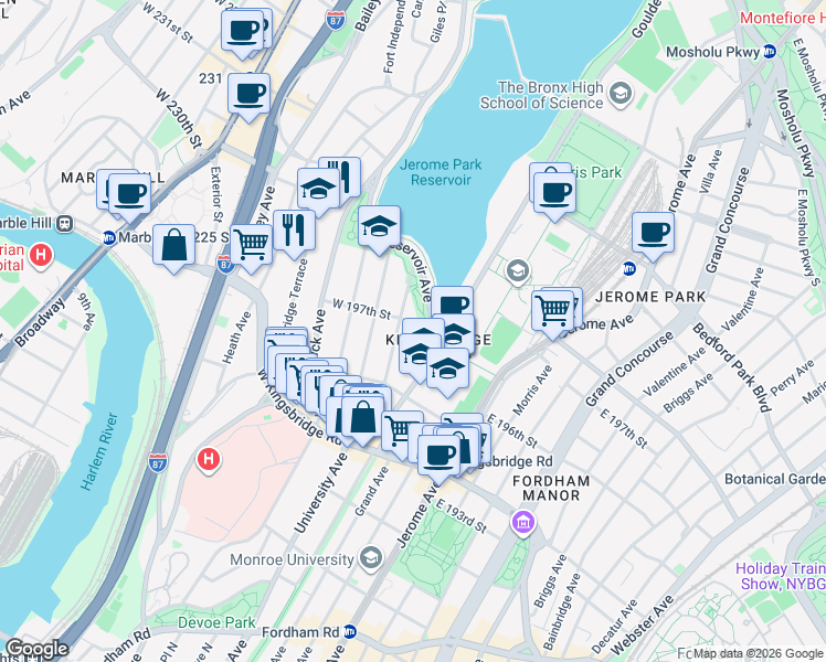 map of restaurants, bars, coffee shops, grocery stores, and more near in The Bronx