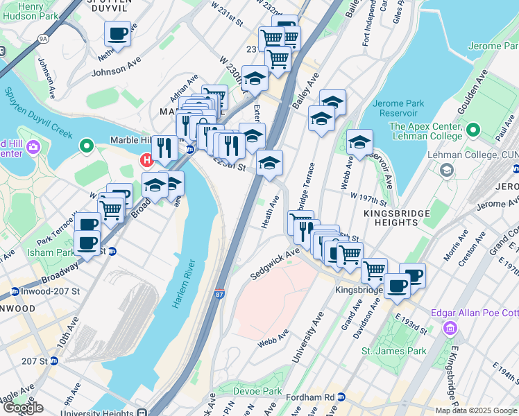map of restaurants, bars, coffee shops, grocery stores, and more near 2698 Bailey Avenue in Bronx