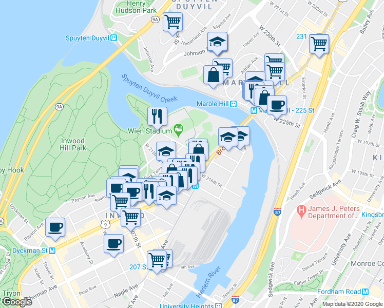 map of restaurants, bars, coffee shops, grocery stores, and more near 533 West 218th Street in New York
