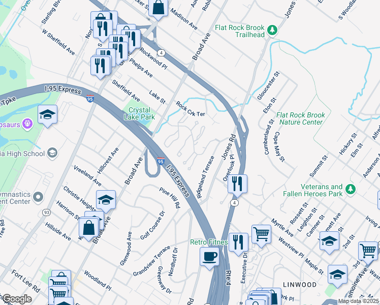 map of restaurants, bars, coffee shops, grocery stores, and more near 33 Fox Run Drive in Englewood