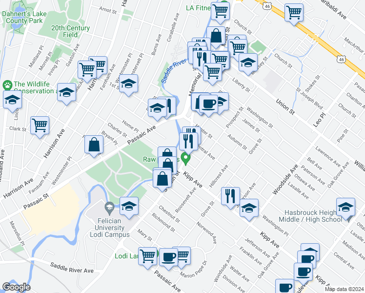 map of restaurants, bars, coffee shops, grocery stores, and more near 44 South Main Street in Lodi