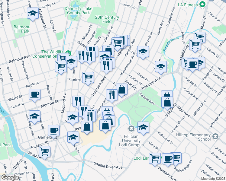 map of restaurants, bars, coffee shops, grocery stores, and more near 128 Westminster Place in Garfield
