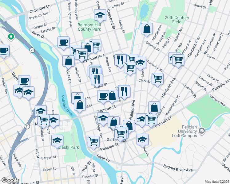 map of restaurants, bars, coffee shops, grocery stores, and more near 107 Willard Street in Garfield