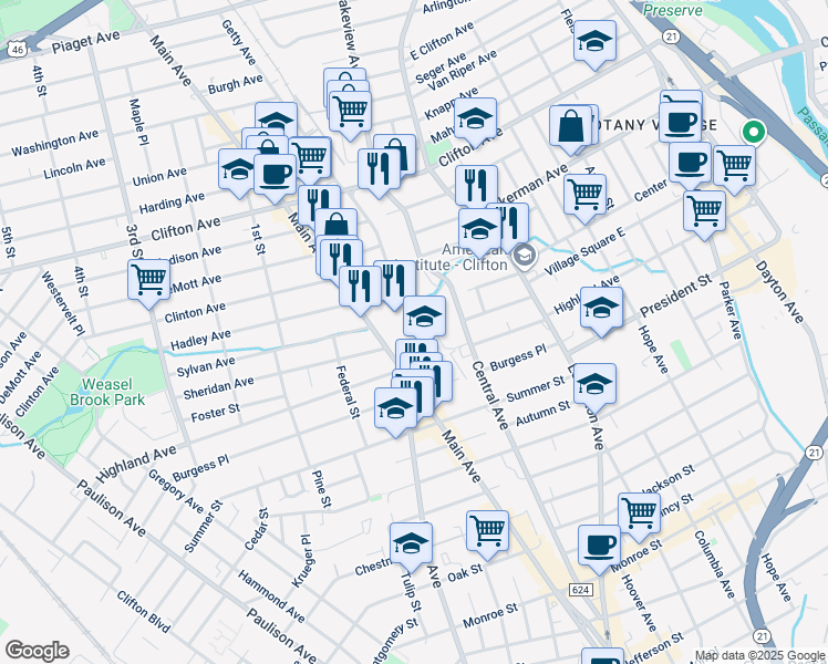 map of restaurants, bars, coffee shops, grocery stores, and more near 1000 Main Avenue in Clifton