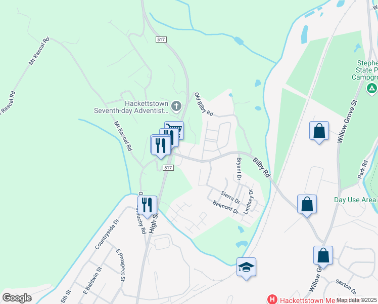 map of restaurants, bars, coffee shops, grocery stores, and more near 3-139 Bilby Rd in Hackettstown