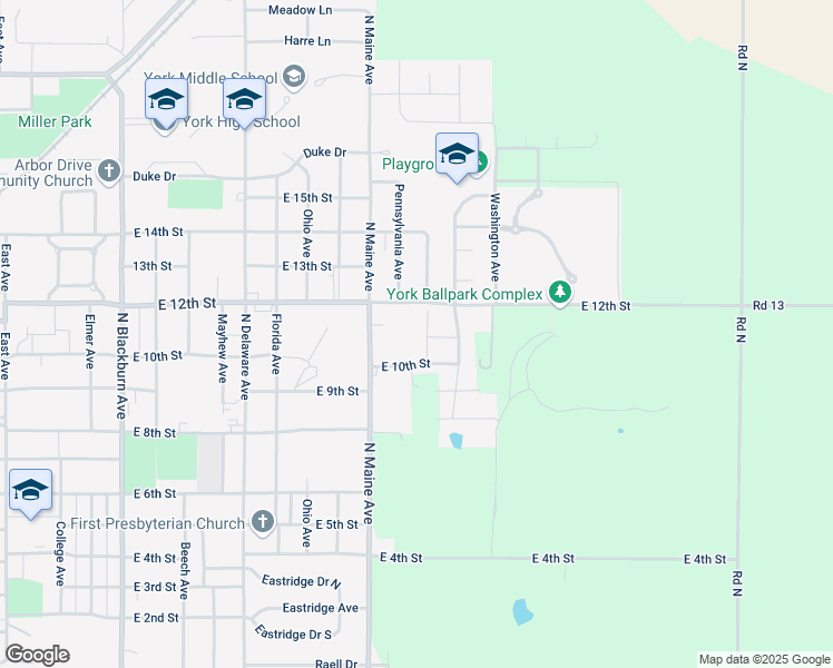 map of restaurants, bars, coffee shops, grocery stores, and more near 1810 East 12th Street in York