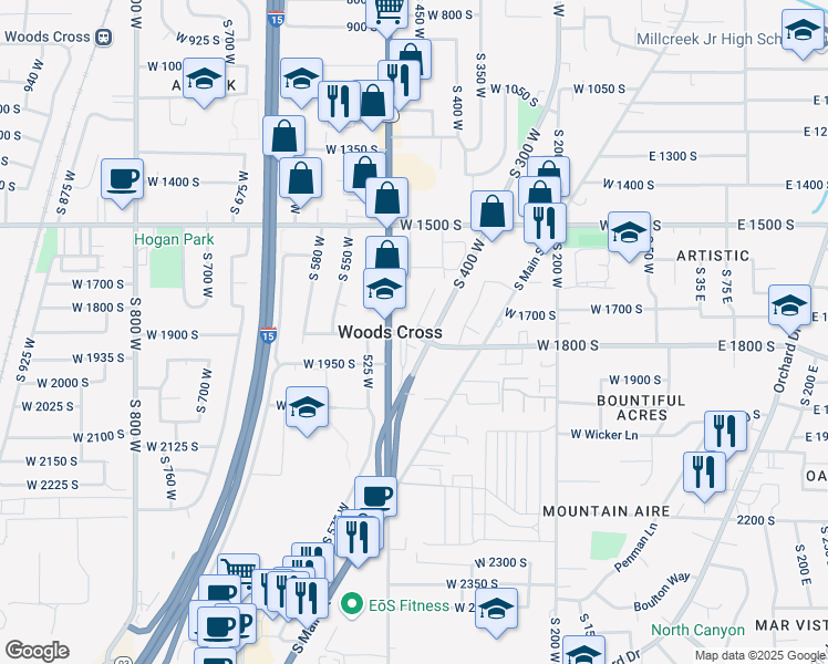 map of restaurants, bars, coffee shops, grocery stores, and more near 1856 South 440 West in Woods Cross