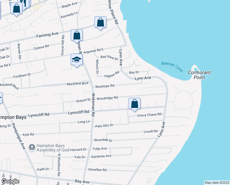 map of restaurants, bars, coffee shops, grocery stores, and more near 20 Wauhope Road in Hampton Bays
