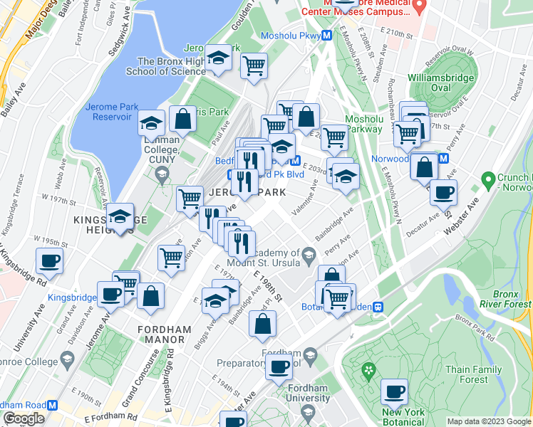 map of restaurants, bars, coffee shops, grocery stores, and more near 2930 Grand Concourse in Bronx