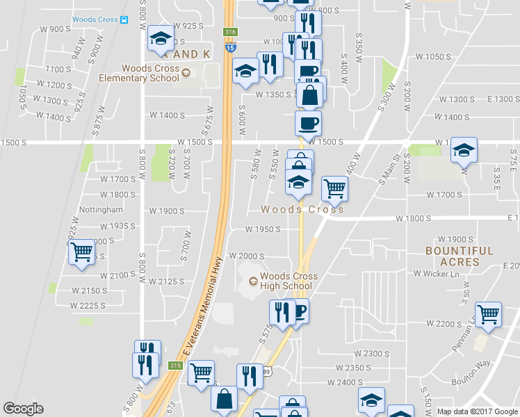 map of restaurants, bars, coffee shops, grocery stores, and more near 556 West 1880 South in Woods Cross